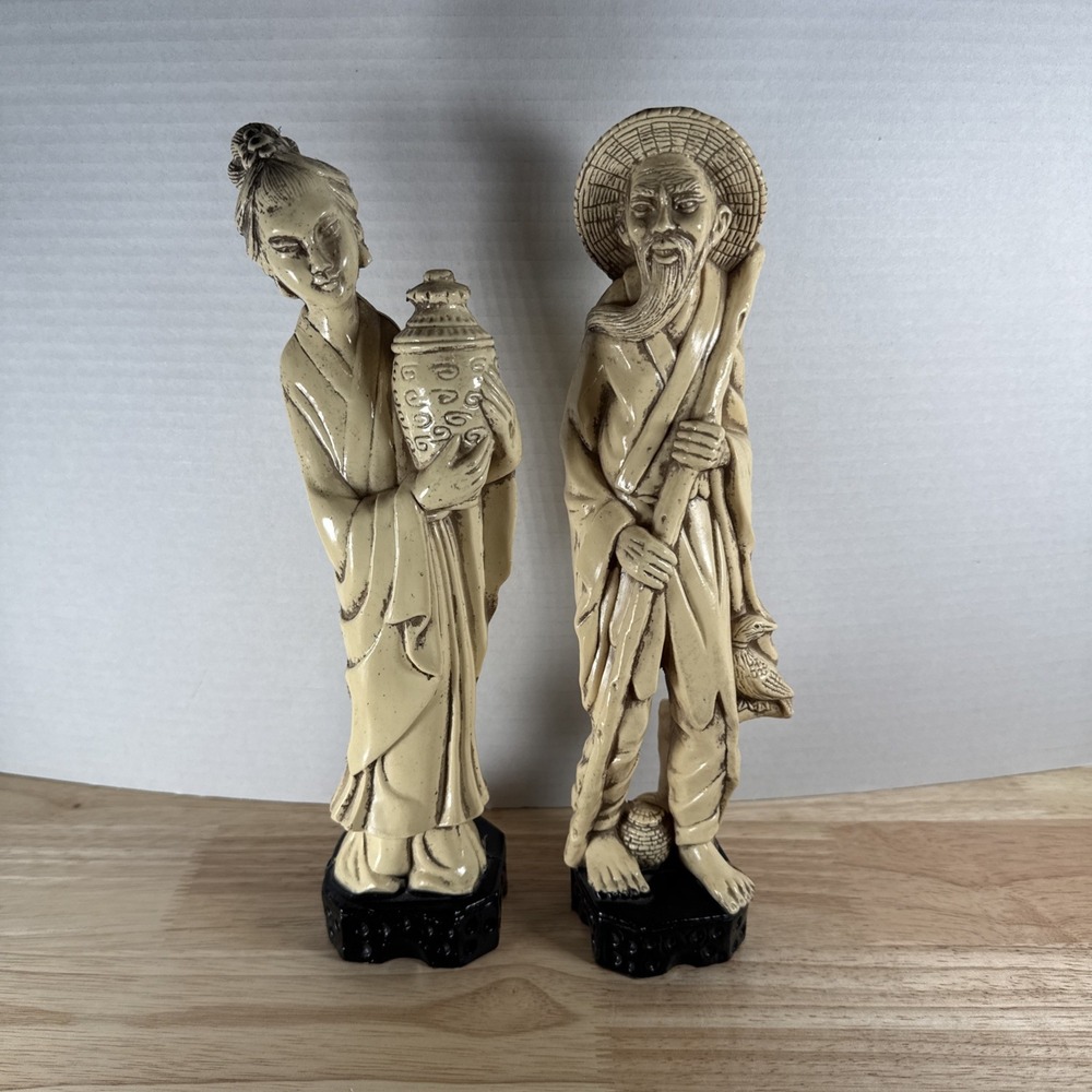 Vintage Set of 2 Chinese Woman & Man Figurines Signed 11.25" Tall Resin Asian